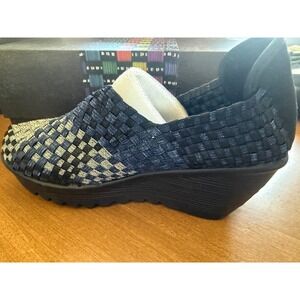 Bernie Mev Gem Jeans Combo Woven Wedge Shoes Blue Silver Metallic Kids Size 35